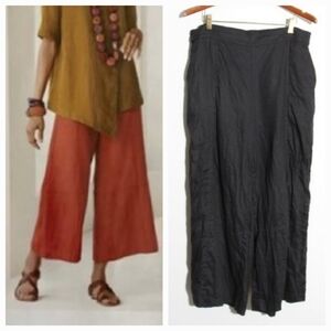 Lisa Bayne Terra 100% Linen Wide Leg Pants Pull-On Black High Rise Crop Sz Large